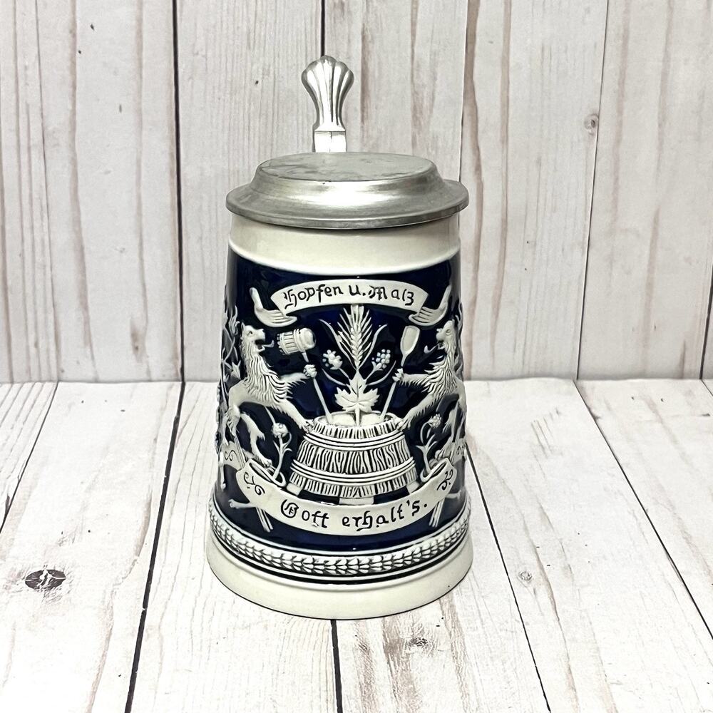 Vintage Original Gerzit Lidded German Stoneware Beer Stein Cobalt Blue Pewter 6”